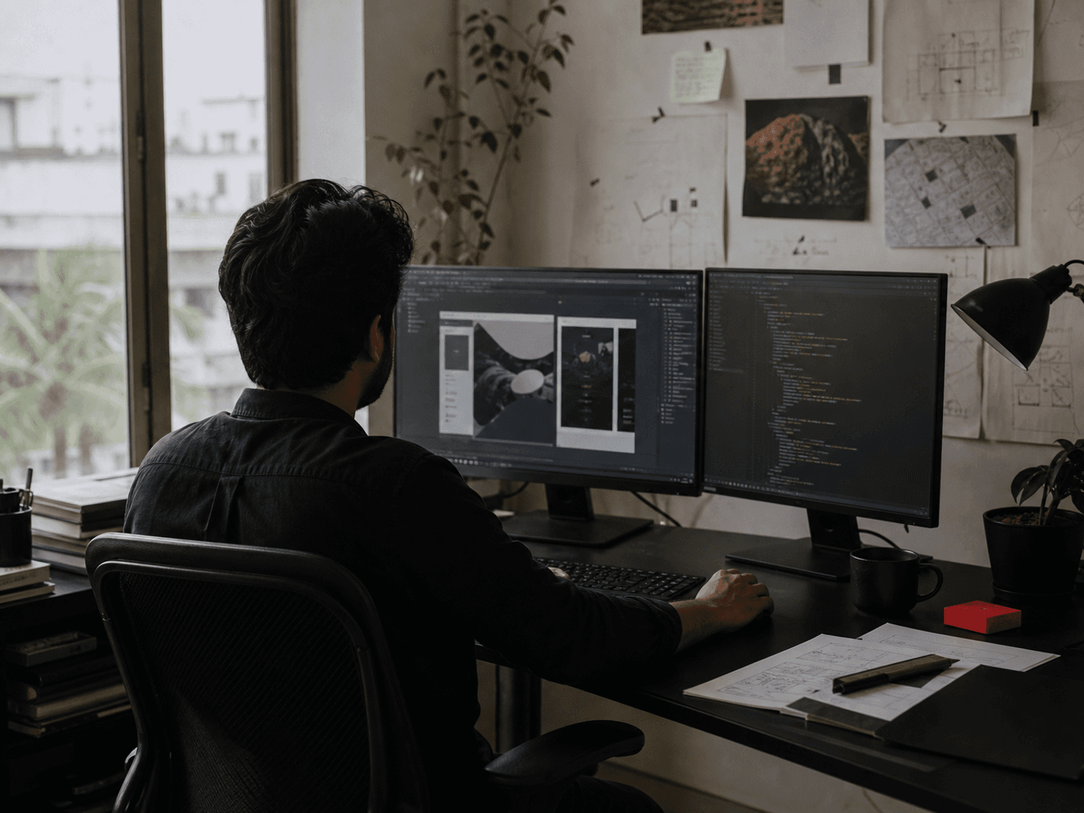 Editorial concept of a designer working at dual displays in a warm studio