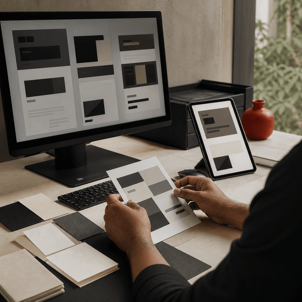 Editorial concept: a designer reviewing interface layouts on a studio display