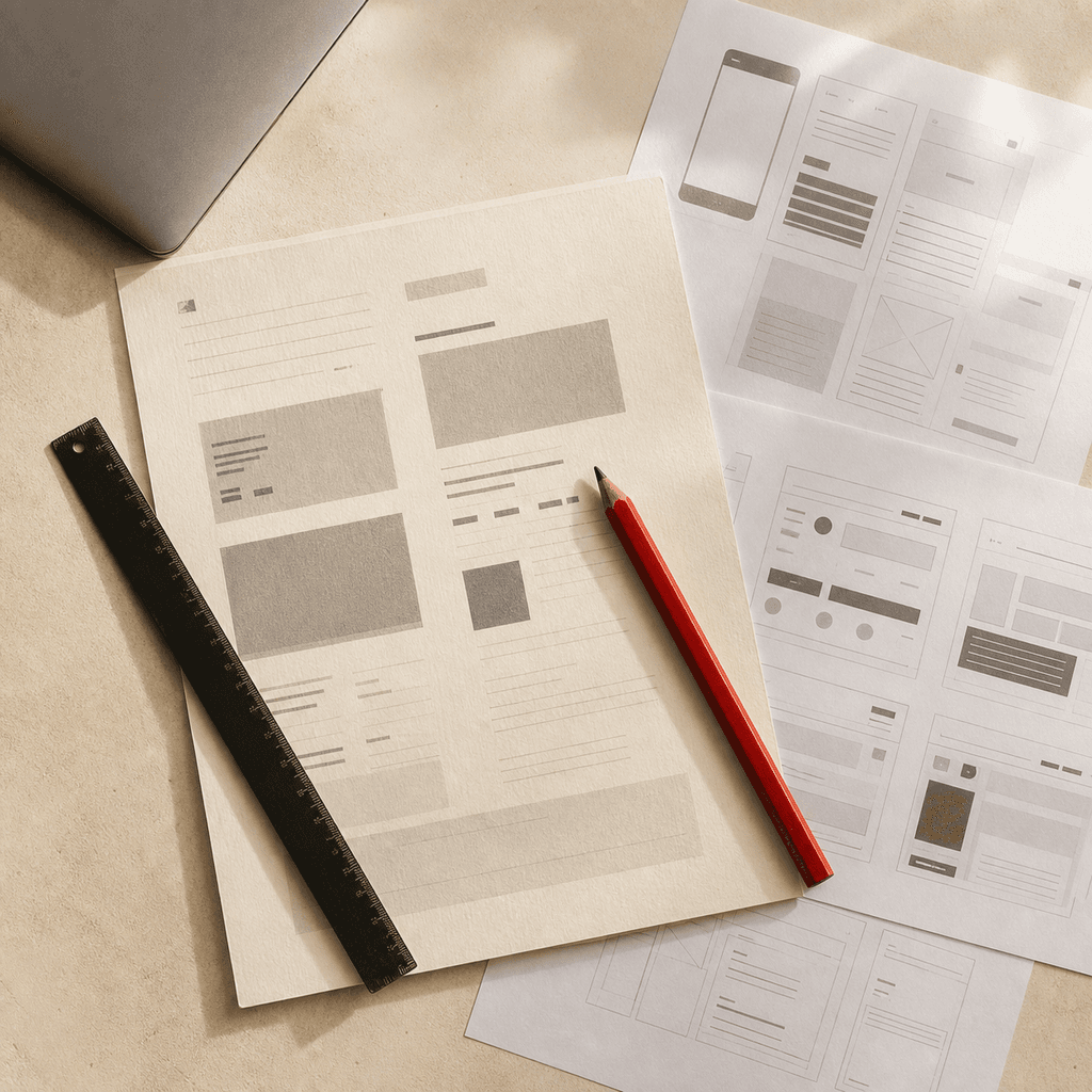 Editorial concept: printed wireframes, a project brief, and a red pencil