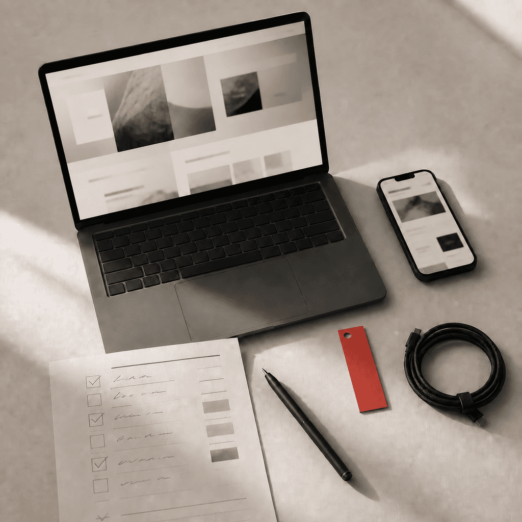 Editorial concept: a launch review with device previews and a quality checklist