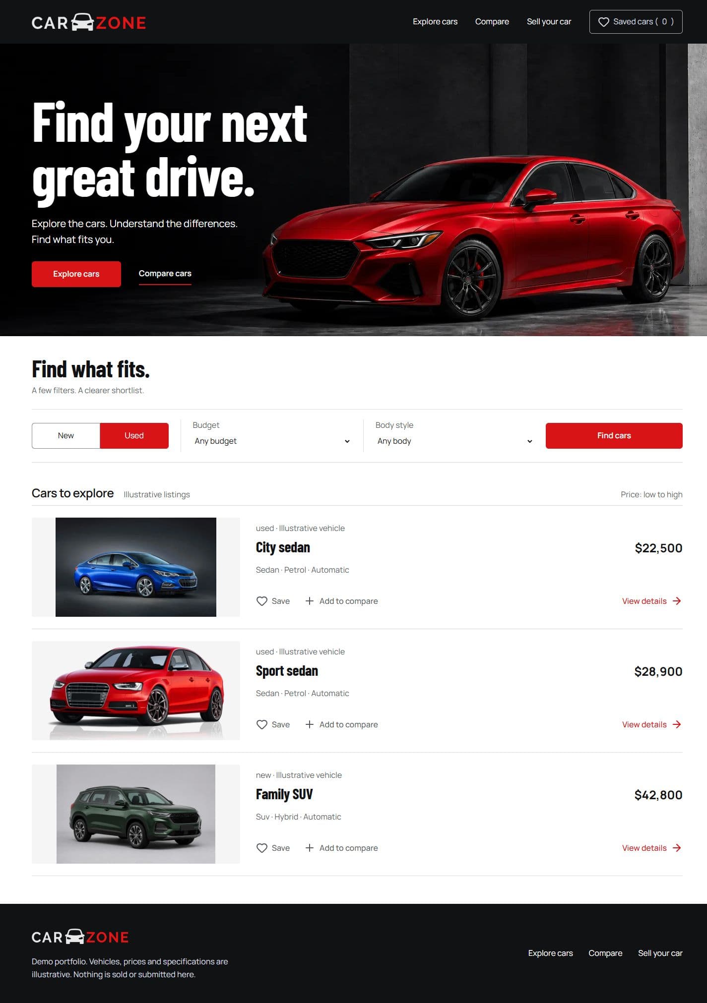 CarZone website screenshot with navigation, vehicle discovery headline, and a red sedan