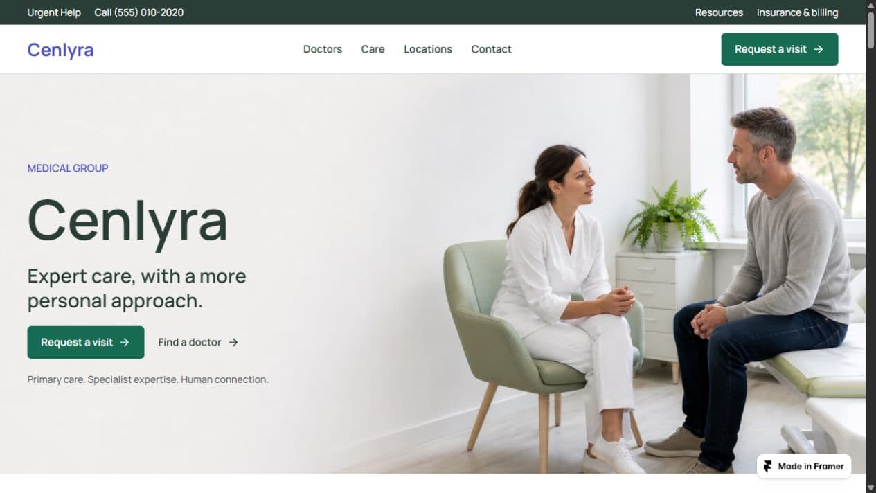 Cenlyra template homepage with clinician and patient imagery, a white background, and green accents