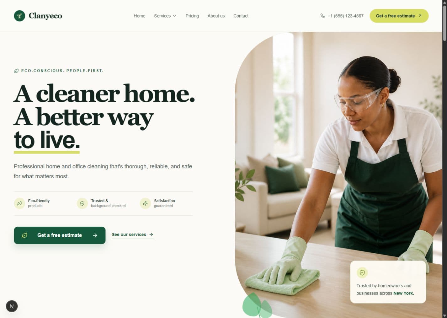 Clanyeco website screenshot with navigation, cleaning service headline, and estimate button