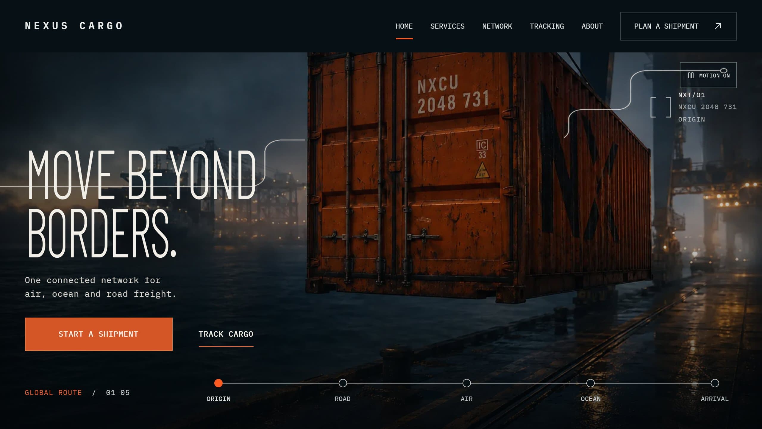 Nexus Cargo website homepage with navigation, the Move Beyond Borders headline, and an orange shipping container at a port