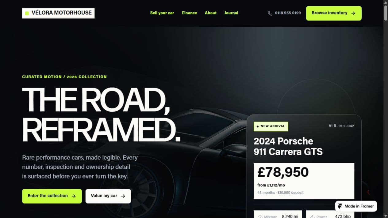 Vélora Motorhouse template homepage with a dark performance car hero and bright lime accents